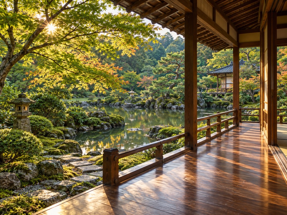 木造の縁側と緑豊かな日本庭園のイメージ