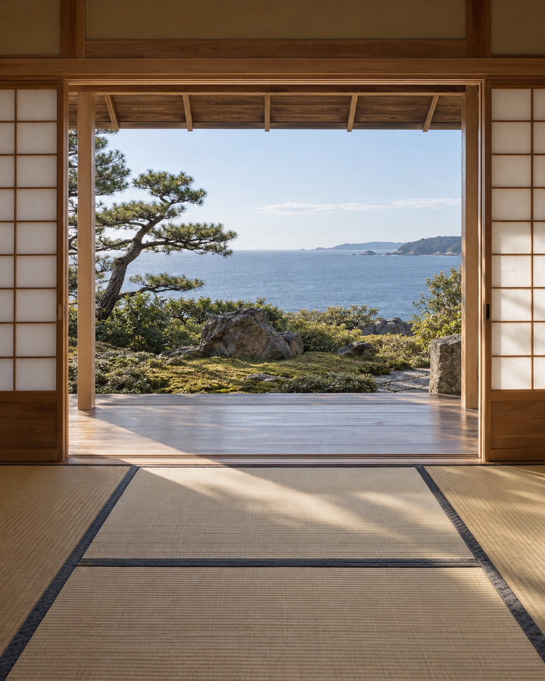 畳の和室から、開いた障子と縁側ごしに松と庭石、その先に広がる海と島影を望む