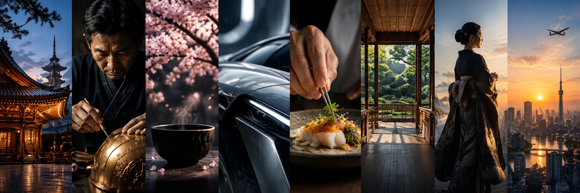 寺社、職人、桜と器、技術、食、建築、和装、都市を隙間なく並べた写真構成