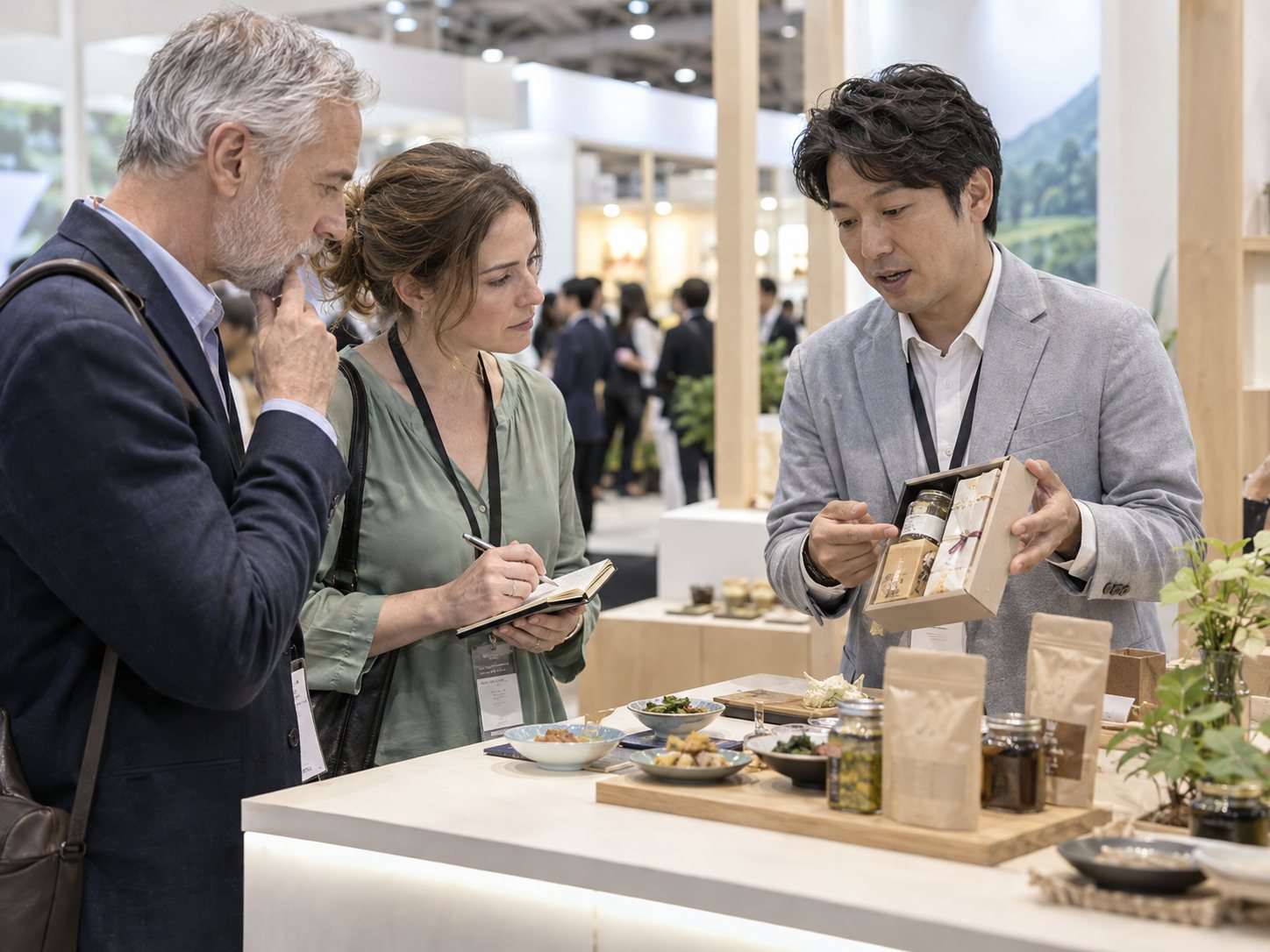 日本の食品を紹介する出展者と、説明を聞きメモを取る海外の買い手