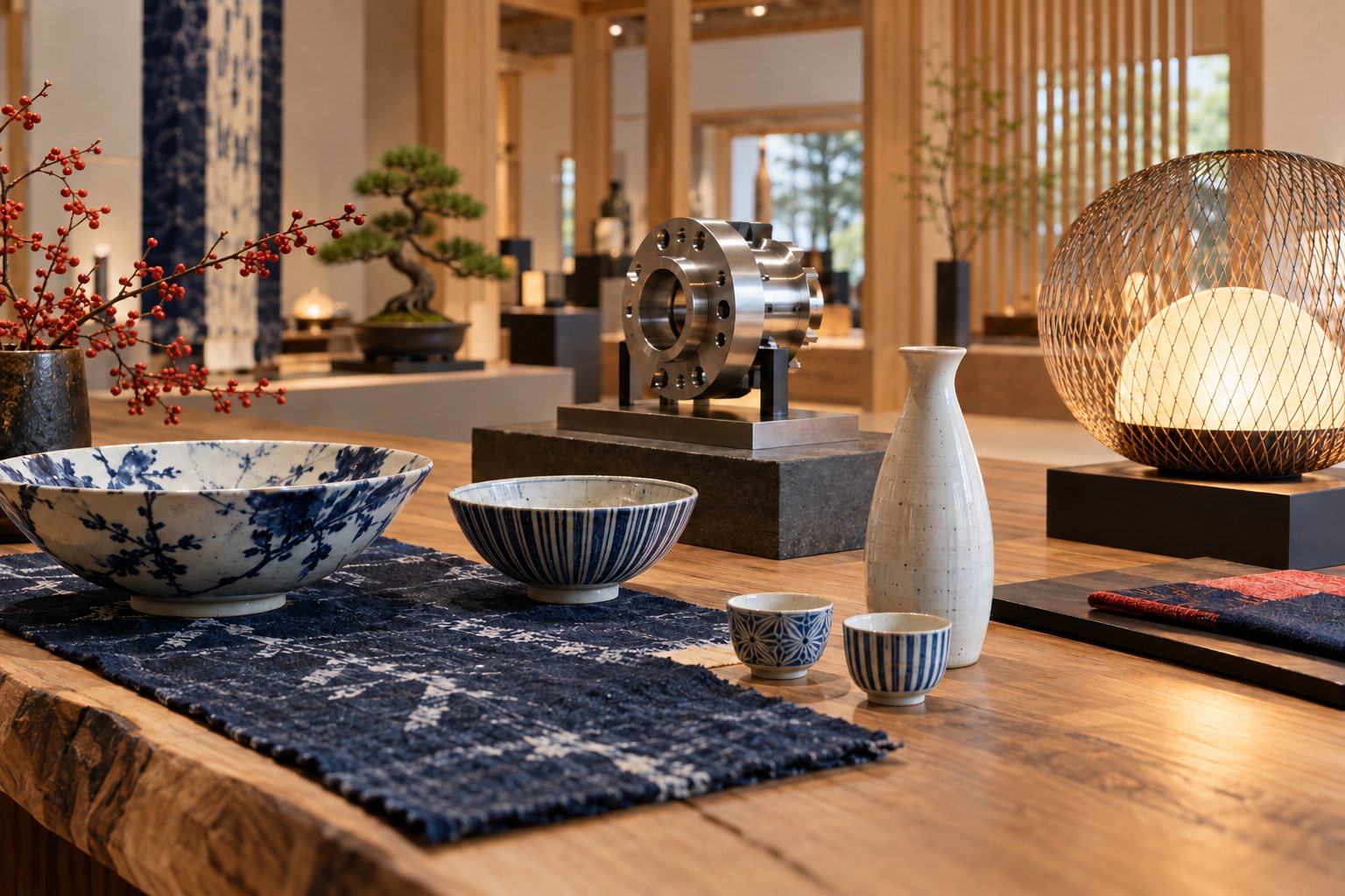 日本の器、織物、日本酒、精密部品と奥に盆栽を配した展示