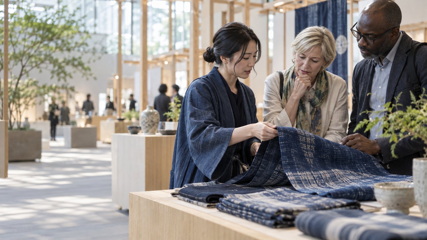 日本の織物を広げて質感を説明する出展者と、関心を寄せる海外の来場者