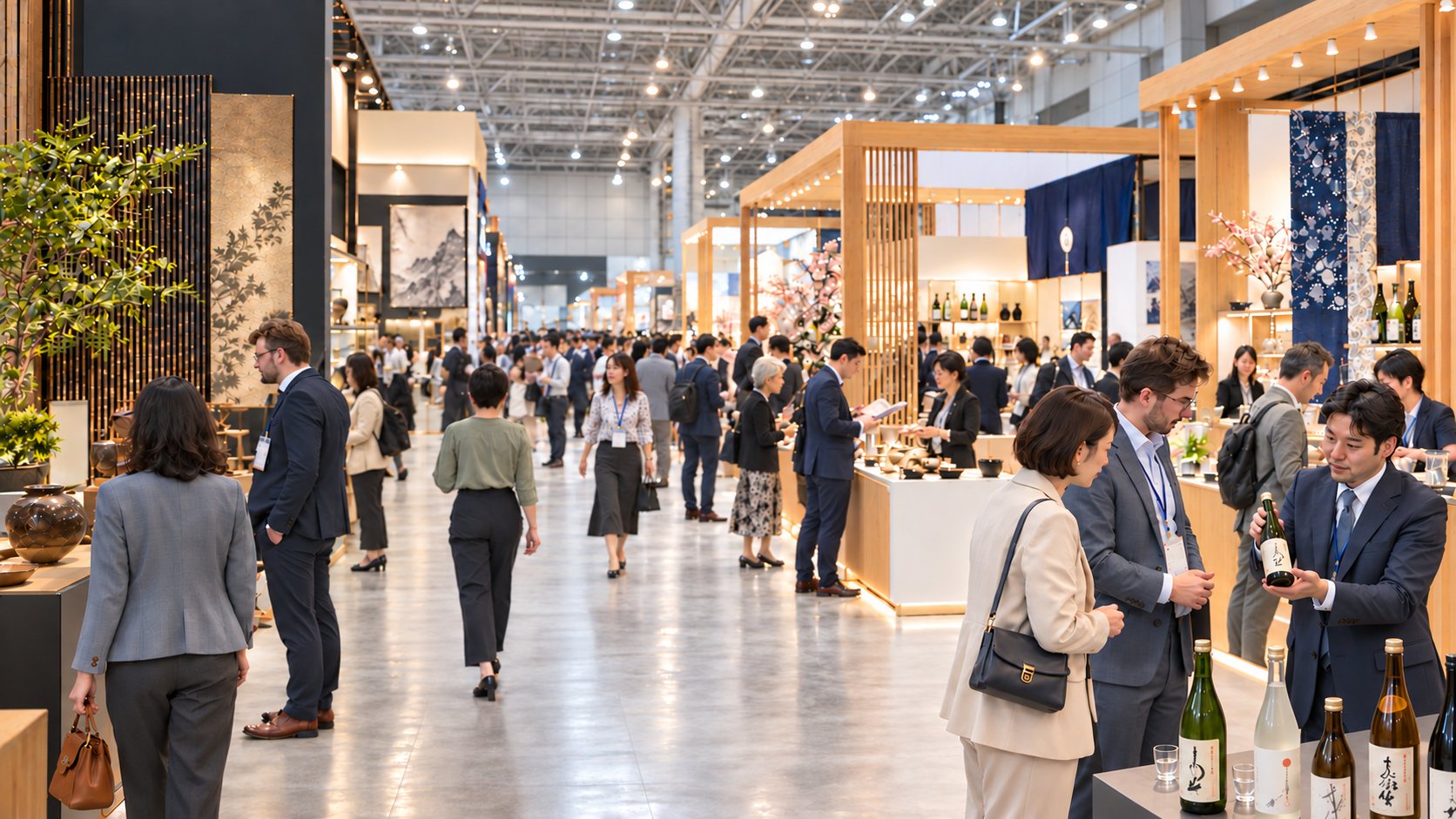 明るい展示会場で日本酒を紹介する出展者と海外の来場者